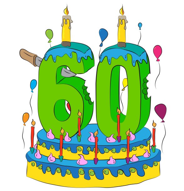 60生日蛋糕，60号蜡烛，庆祝60岁的生命，彩色气球和巧克力涂层图片下载