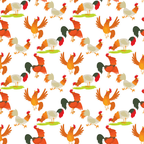 可爱的卡通公鸡矢量插图鸡农场动物农业家庭人物无缝图案背景图片下载