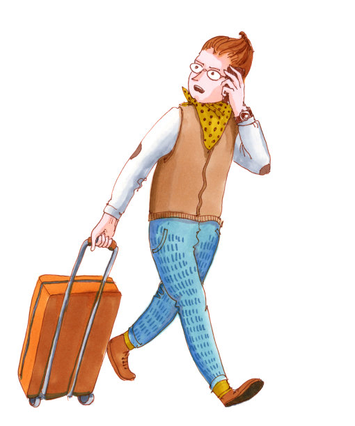 水彩插图孤立的白色背景。英俊的年轻人在旅途中提着行李边走边讲手机。出差商人打电话。素材图片