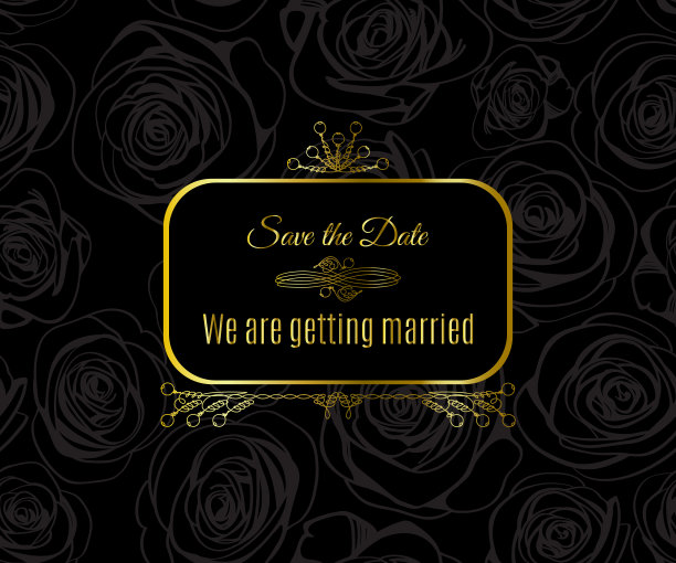 婚礼卡片设计与金色复古模式上的黑色背景图片下载