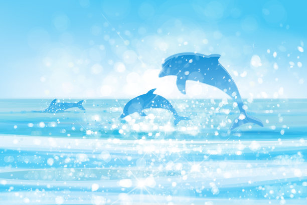 矢量蓝色海洋和跳跃海豚。素材图片