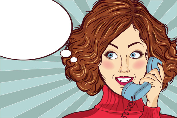 漂亮的红发女士，对着复古手机说话素材图片