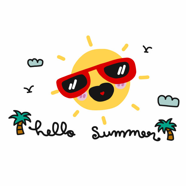 你好夏天可爱的太阳戴墨镜卡通涂鸦风格图片下载