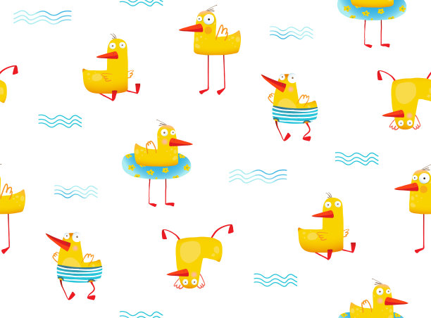 有趣幼稚的黄色鸭子无缝图案卡通图片下载
