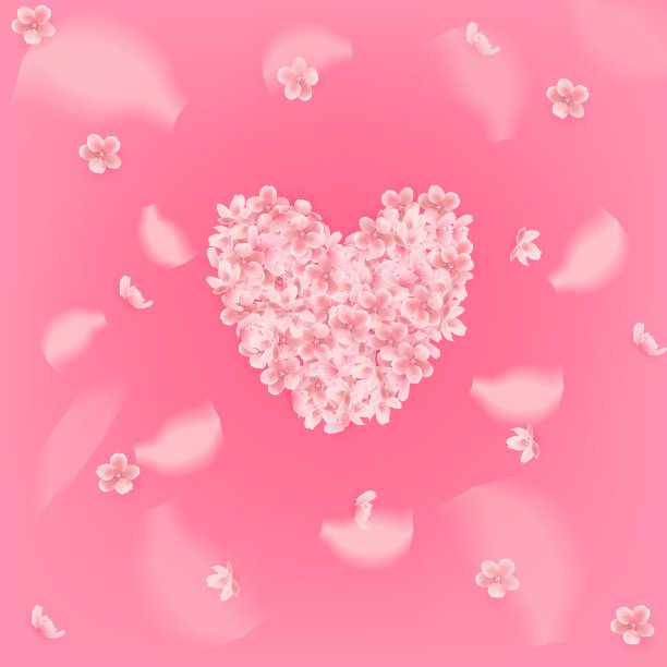 美丽的粉红色背景与盛开的樱花粉红色花瓣在心脏形状。矢量插图。素材图片