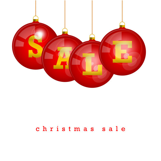 矢量圣诞销售折扣模板:悬挂红色圣诞树球与字母'销售'孤立在白色背景图片下载
