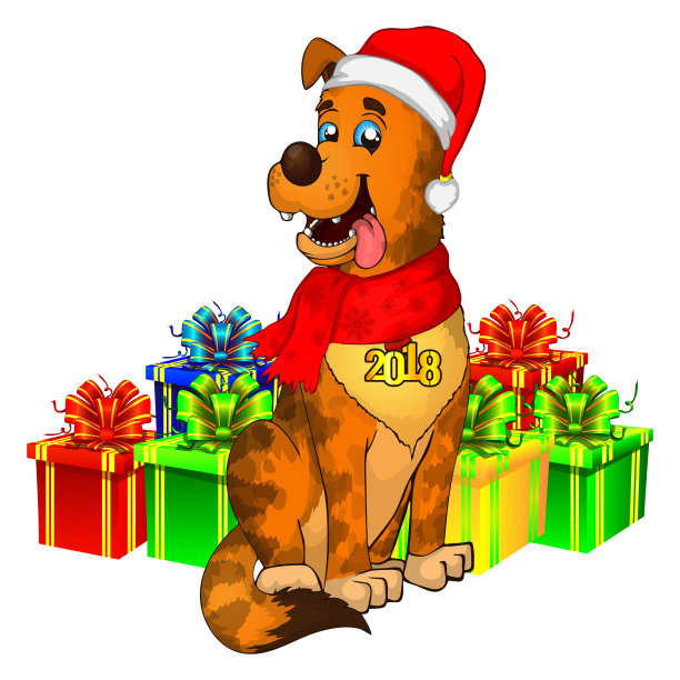 2018年新年狗狗。快乐的狗卡通。戴着红围巾的圣诞狗。可爱的棕色小狗图片下载