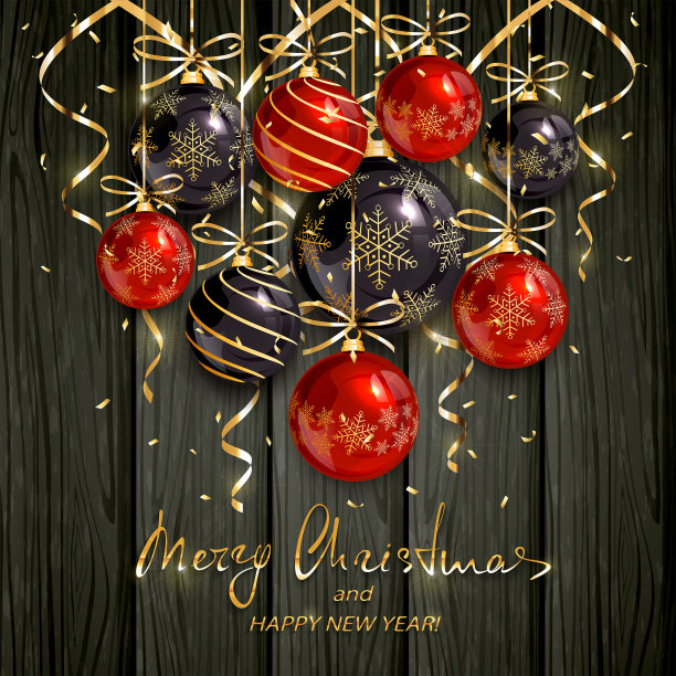 红色和黑色的圣诞球和金色的彩带在黑色的木制背景上图片下载