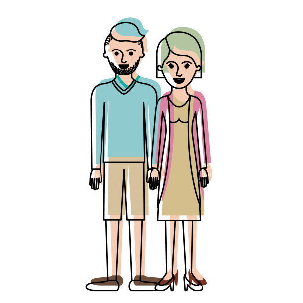 这对夫妇穿着水彩画的剪影，他穿着t恤，长袖和短裤，鞋子和高褪色的发型和胡茬胡子，她穿着衬衫，夹克和裙子，高跟鞋和短发图片下载