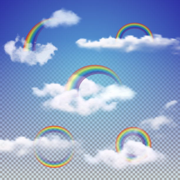 逼真的彩虹设置与3d云。图片下载