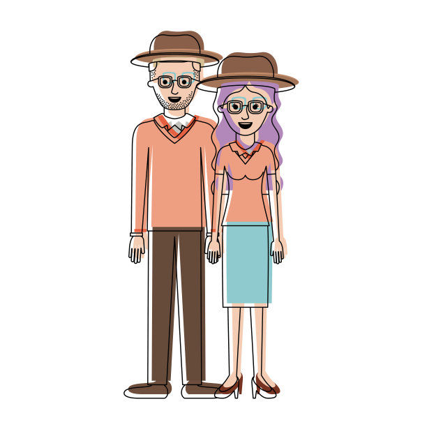 这对夫妇穿着水彩画的剪影，两人都戴着帽子和眼镜，他留着胡茬胡子，穿着毛衣、裤子和鞋子，而她穿着衬衫、裙子和高跟鞋，留着长长的卷发图片下载