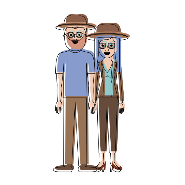 这对夫妇穿着水彩画的剪影，两人都戴着帽子，戴着眼镜，穿着裤子，他留着胡子，穿着t恤和鞋子，而她穿着衬衫，夹克和高跟鞋，头发层层叠叠图片下载