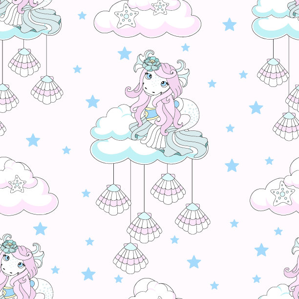 可爱独角兽无缝图案。美丽的背景与云彩。矢量插图。图片下载