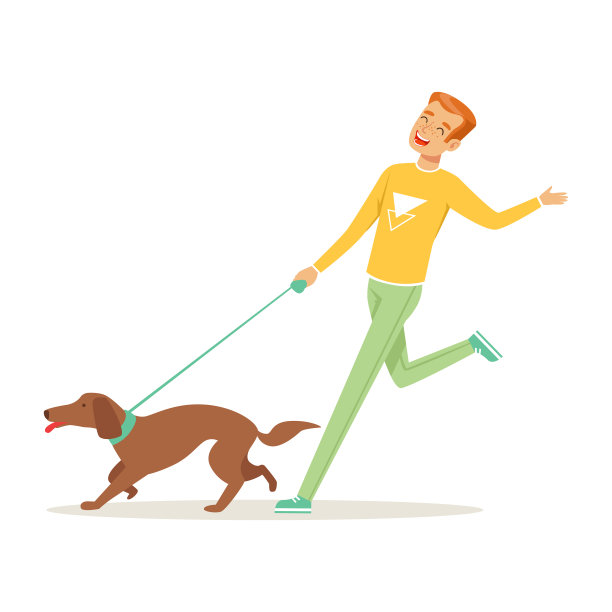 快乐的年轻人和狗在户外奔跑。人类最好的朋友。健康的生活方式。家畜。卡通男性角色在毛衣和裤子。平面向量素材图片