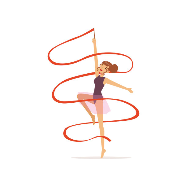 职业体操女孩用红丝带跳舞。职业艺术体操项目。美丽的女人性格在紫色紧身衣与裙子。孤立平面向量图片下载