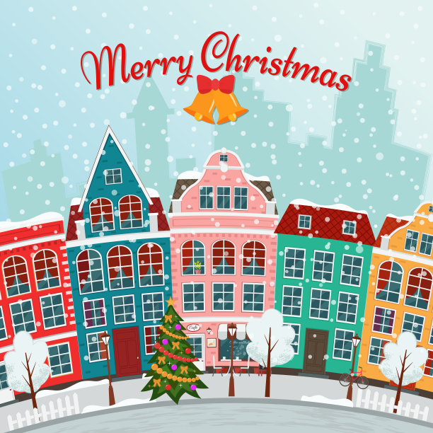 矢量插图的欧洲冬季圣诞小镇。图片下载