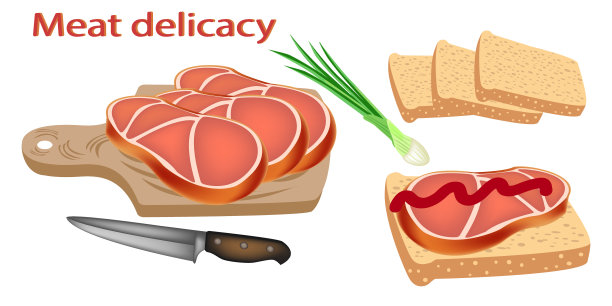 火腿。肉类产品。肉的美味佳肴。熏猪肉面包，西红柿，生菜，洋葱和欧芹。美味的火腿猪肉切片三明治和面包。向量。图片下载