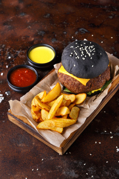 黑面包汉堡与土豆楔子拷贝空间图片下载