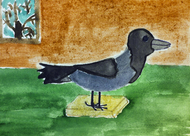 绿色桌子上的乌鸦标本。儿童水彩手绘。素材图片