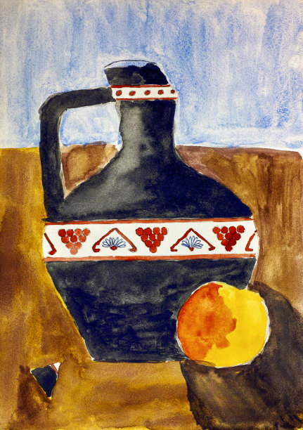 仍然生活。壶颈削苹果。儿童水彩手绘。素材图片