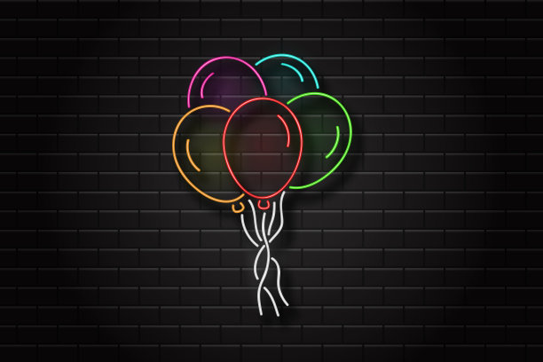 矢量现实孤立的霓虹灯气球庆祝和装饰墙上的背景。生日快乐、周年纪念和结婚的概念。图片下载