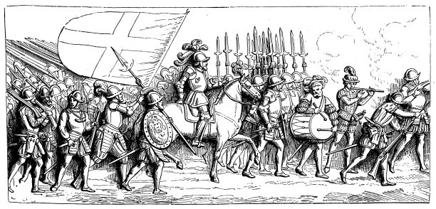 法国，步兵在行进中，在国王弗朗西斯一世(死于1547年)的坟墓上绘制浮雕。图片下载