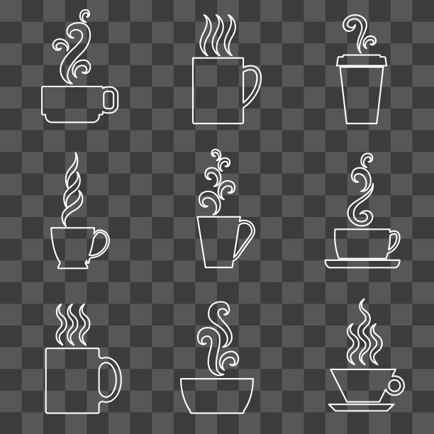 杯子和马克杯配热饮，一组白色线条图标。矢量插图。图片下载