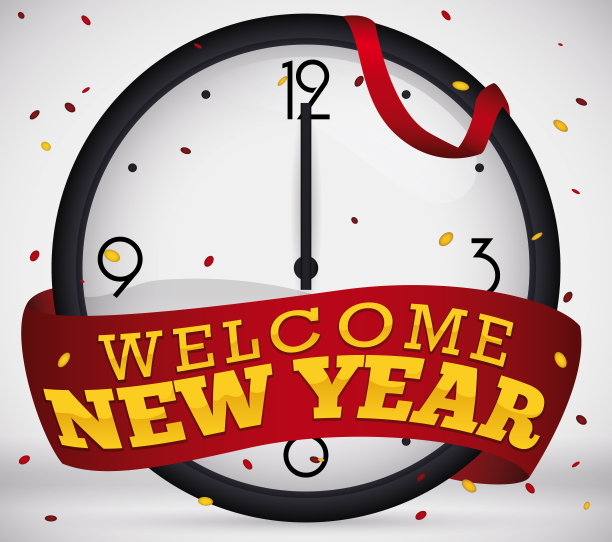 彩带和时钟指向除夕的午夜图片下载