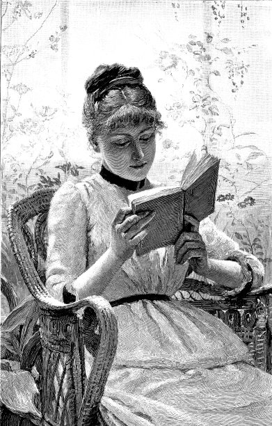 19世纪的雕刻，一个漂亮的年轻女士坐在柳条椅上看书;维多利亚妇女与文学，1890年素材图片