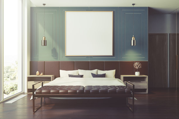 蓝色的卧室内部，海报色调图片下载