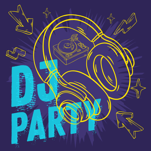 Dj派对设计为您的海报与耳机和转盘绘图。艺术卡通手绘写生线条艺术风格。图片下载