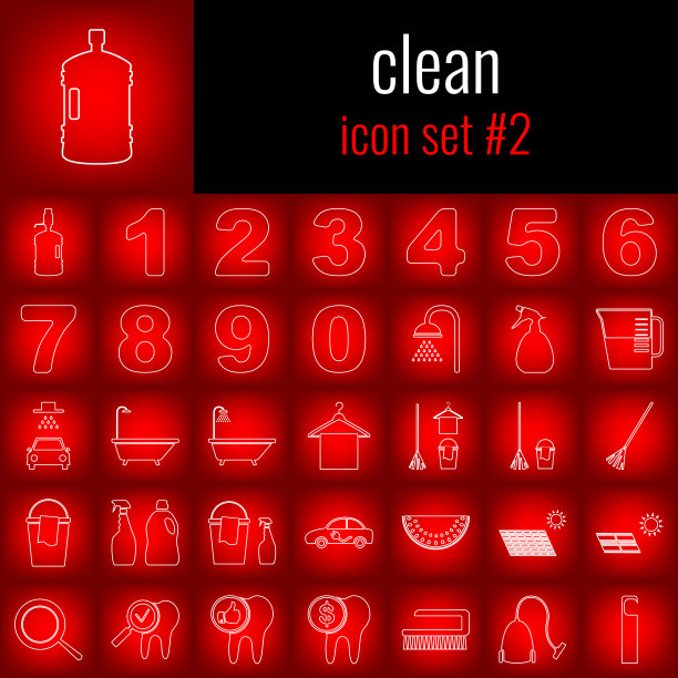 清洁。图标设置2。红色渐变背景上的白线图标。图片下载