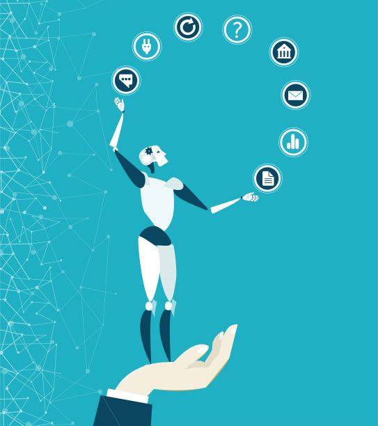 机器人滚动通信图标，代表人工智能控制、决策和产生想法。素材图片