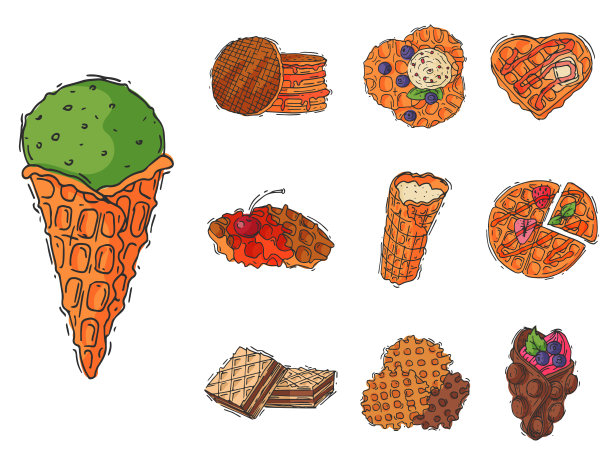 不同的威化饼干，华夫饼，糕点饼干，美味的零食，奶油点心，酥脆烘焙食品矢量插图图片下载