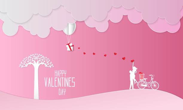 情人节，概念二倾心于旁边以粉红色为背景的自行车和树，纸艺术和工艺风格。矢量插图。图片下载