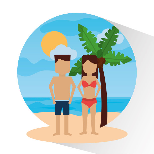 夫妇在海滩棕榈海阳光景观图片下载