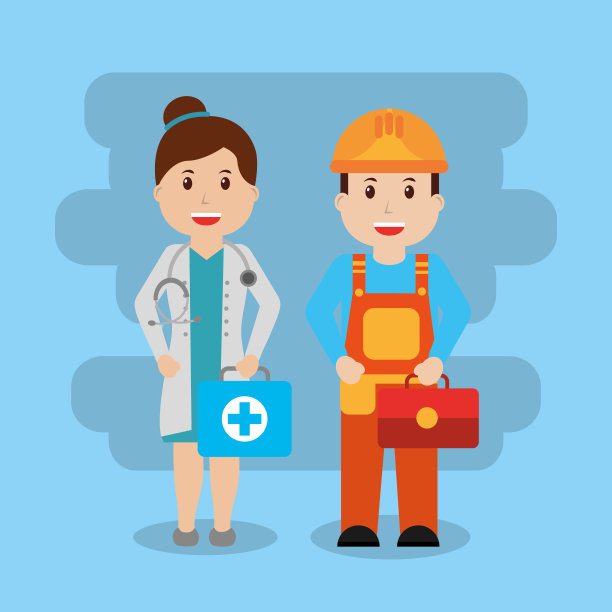 两名工人女医生工具包，急救箱和工头建设工具箱图片下载