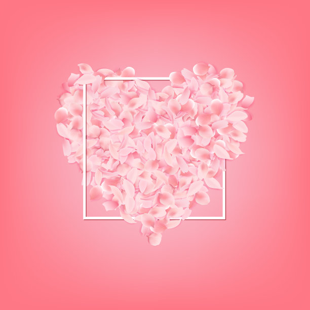 浪漫的节日背景。矢量花瓣在心形与白色框架在粉红色的背景。图片下载