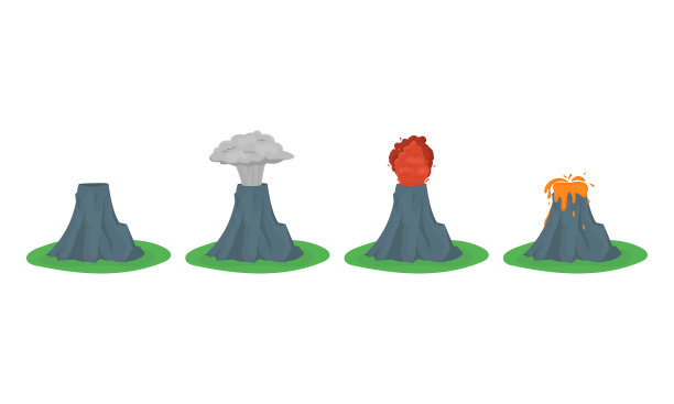 卡通彩色火山喷发集。向量图片下载