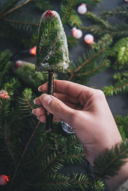 冰淇淋从常青的树枝上落在女孩的手里图片下载