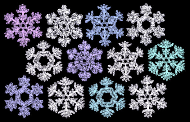 一组不同的雪花在黑色的背景。图片下载