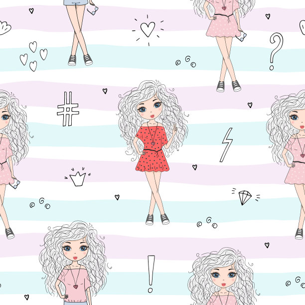 可爱的手绘与可爱的小女孩矢量无缝模式插图图片下载