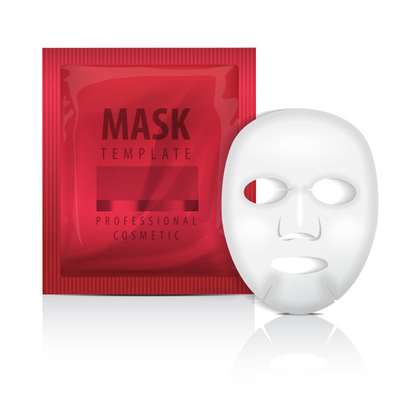 逼真的面膜和红色香囊。空白矢量模拟模板。美容产品包装素材图片