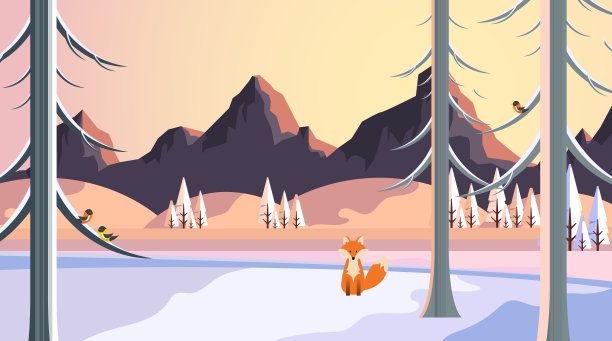 冬季景观与狐狸在平面风格插图素材图片