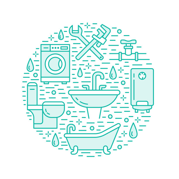 水暖服务蓝色横幅插图。家居浴室设备、水龙头、卫生间、管道、洗衣机、锅炉的矢量线图标。管道工维修圈模板图片下载