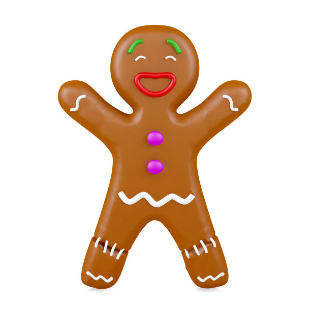 姜饼人孤立在白色背景，3D渲染图片下载