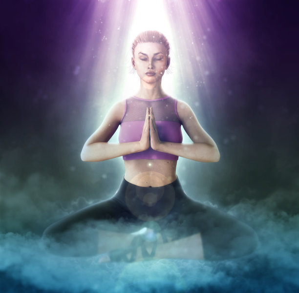 美丽的女孩做瑜伽的幻想云3d插图图片下载