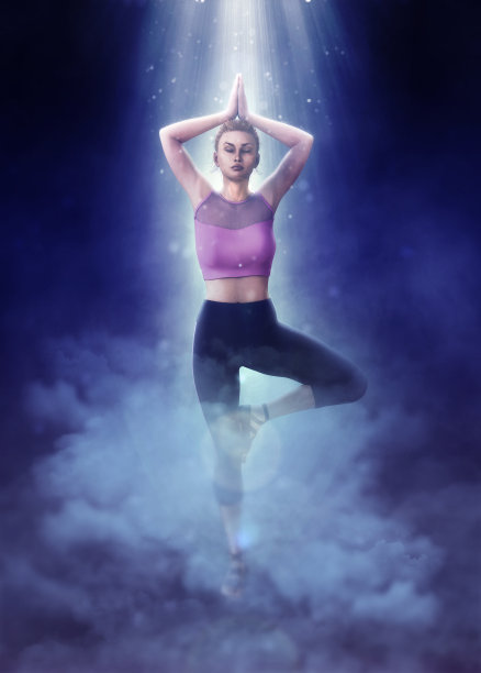 美丽的女孩做瑜伽的幻想云3d插图图片下载