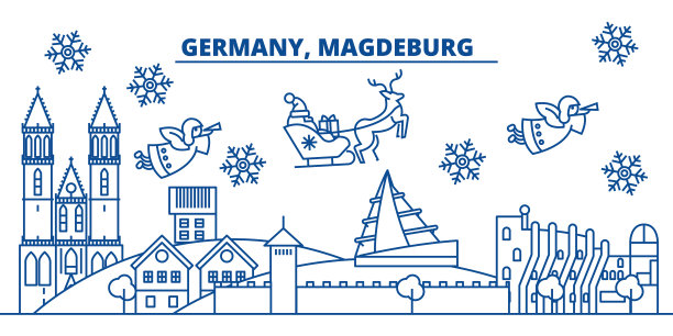 德国马格德堡冬季城市天际线。圣诞快乐，新年快乐横幅上装饰着圣诞老人。冬季贺卡。平,轮廓向量。线形圣诞雪插画图片下载