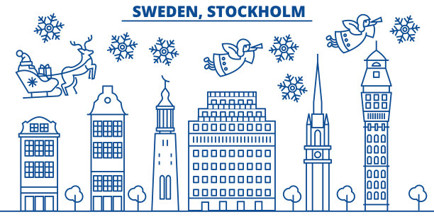 瑞典，斯德哥尔摩冬季城市的天际线。圣诞快乐，新年快乐横幅上装饰着圣诞老人。冬季贺卡。平,轮廓向量。线形圣诞雪插画图片下载